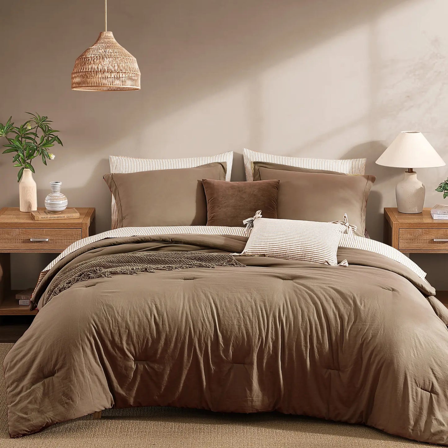 Monbix 7-Piece Coastal Microfiber Comforter Set with Storage Pockets