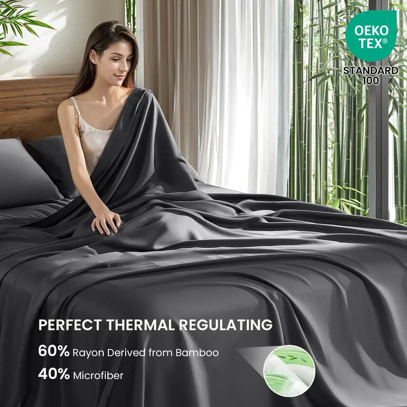 Shilucheng Cooling Bamboo Sheets 4-6PC | Hotel Luxury 16" Deep Pocket | Silky Soft Wrinkle Resistant